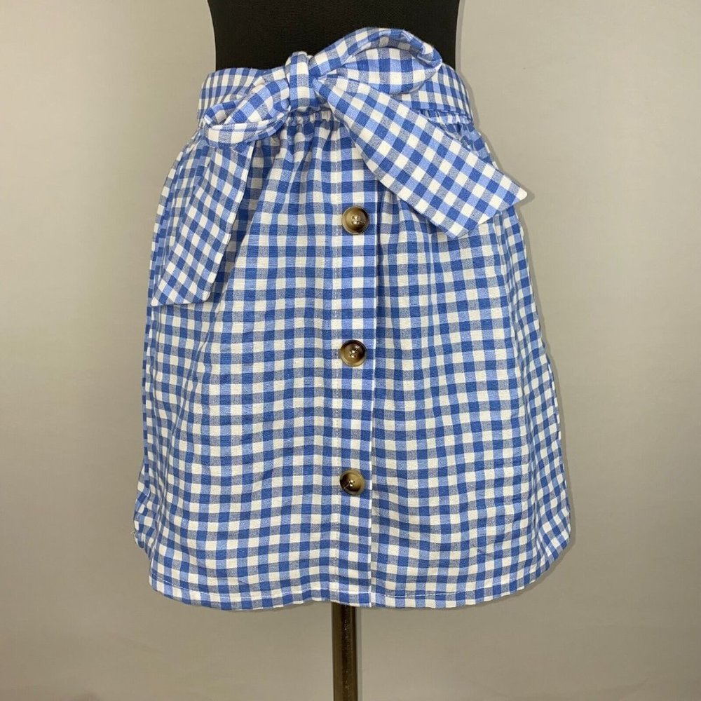 Shein XS Blue White Gingham Plaid Tie Waist Faux Button Front Skirt